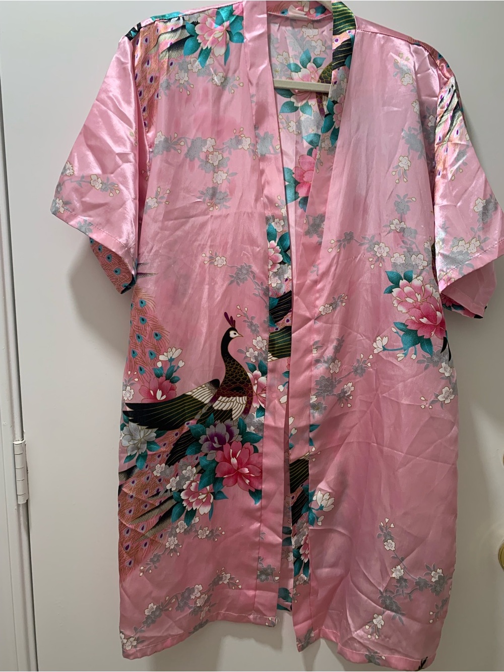 Pink Floral Peacock Satin Kimono Robe